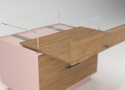 tavolo per negozi teca in vetro espositiva rosa legno cassetto aperto retro 01