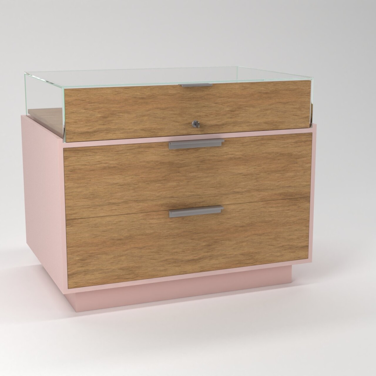 tavolo per negozi teca in vetro espositiva rosa legno cassetto retro 01