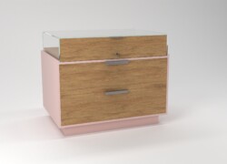 tavolo per negozi teca in vetro espositiva rosa legno cassetto retro 01