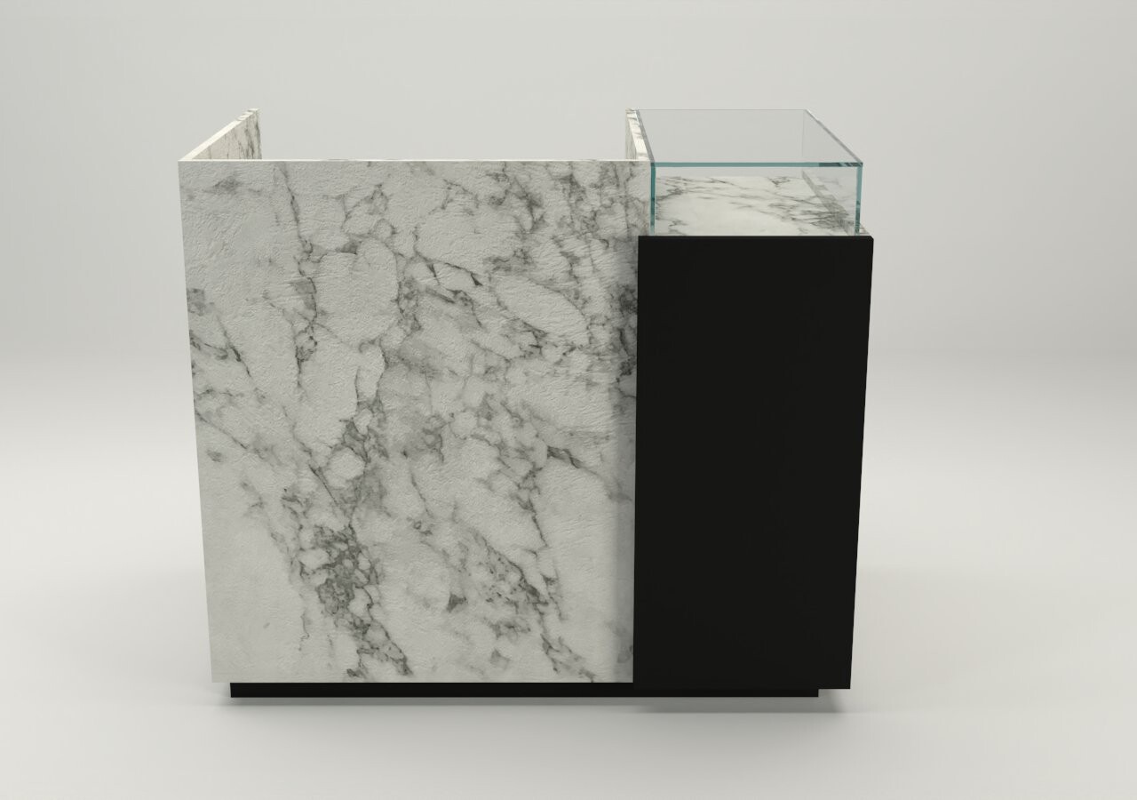 banco cassa disponibile pronta consegna marmo bianco nero teca vetro fronte