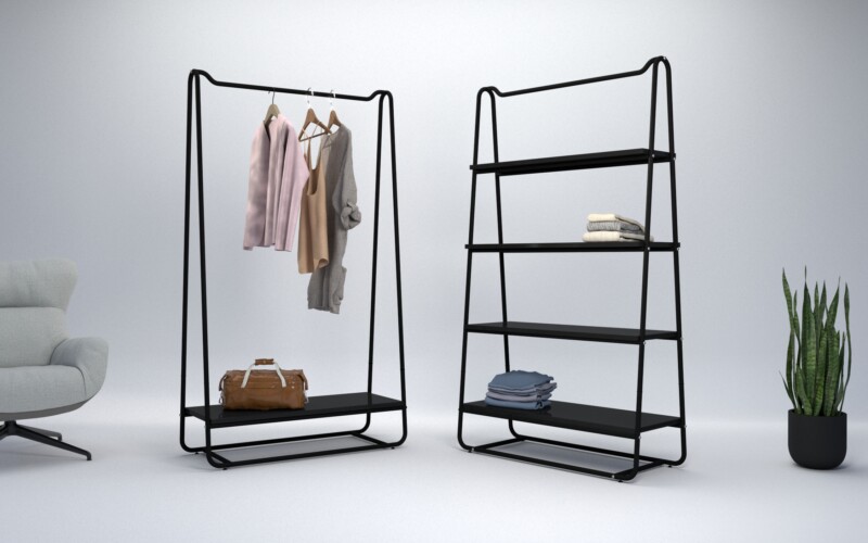 Stender moderno in metallo verniciato, pensato per boutique dallo stile raffinato