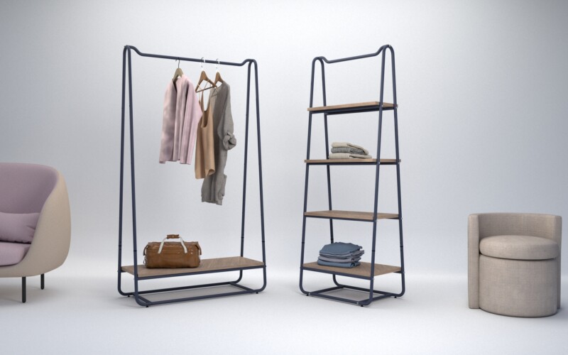 Scaffale bianco oro grigio o nero in metallo con ripiani per negozio di abbigliamento dal design essenziale