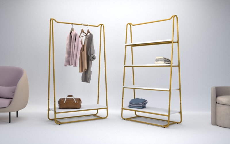 Scaffale bianco e oro in metallo con ripiani per negozio di abbigliamento dal design essenziale