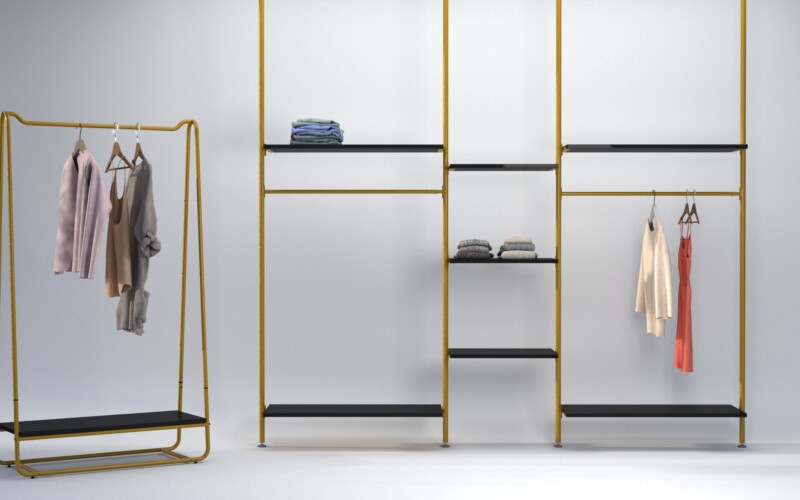 Modulo d'arredo lineare per vetrina o negozio di abbigliamento con finitura di pregio