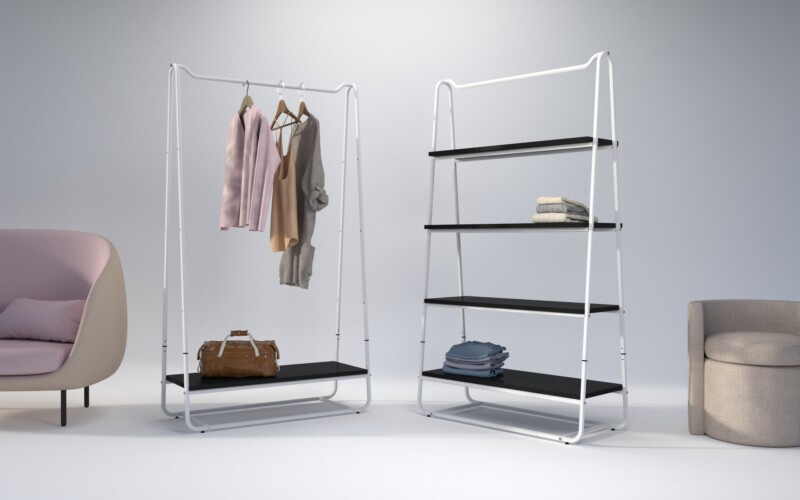 Stender moderno in metallo verniciato, pensato per boutique dallo stile raffinato