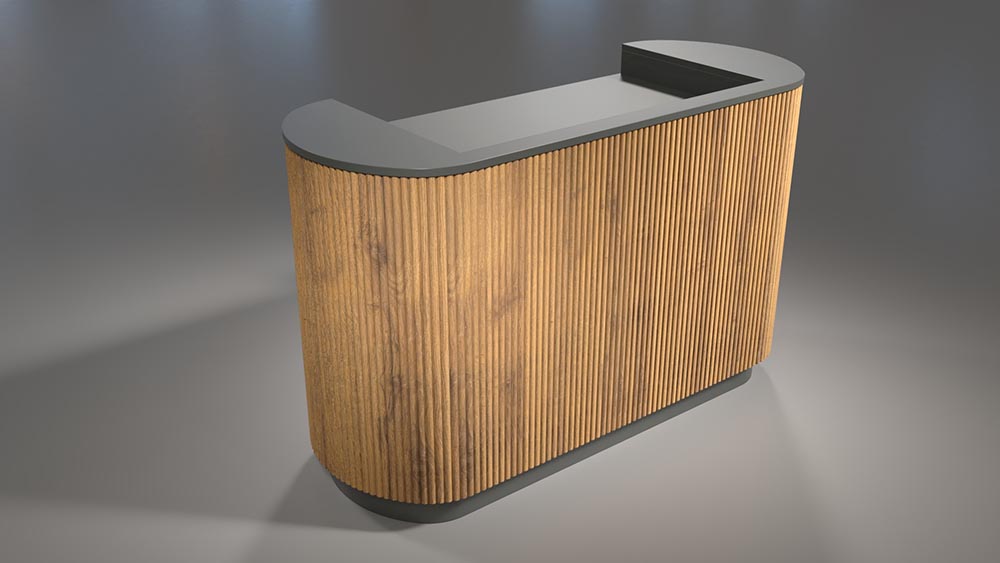 banco cassa con doghe verticali e cannettato massello