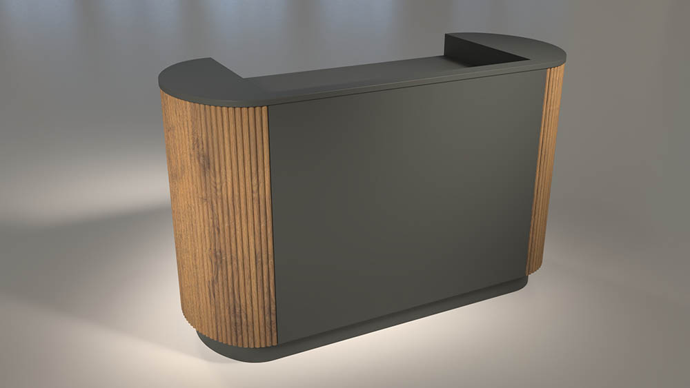 banco cassa con laterali stondati con cannettato verticale laccatp trasparnte in legno massello lunghezza 160 cm