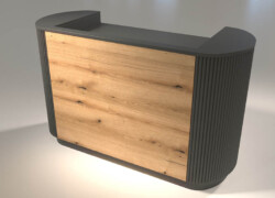 banco cassa stondato con buca cassa finitura legno e laccato RAL