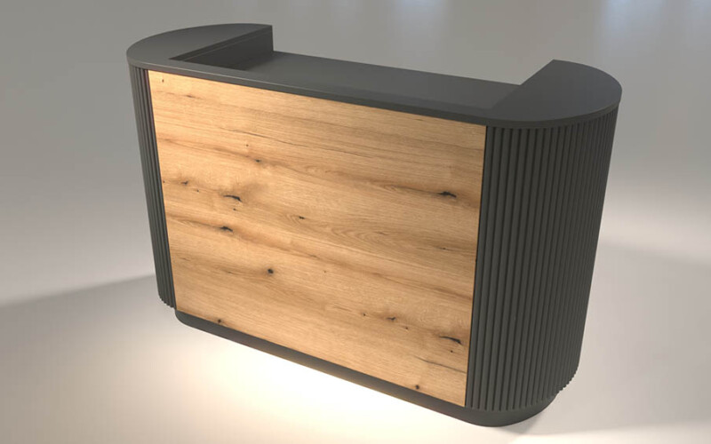 banco cassa stondato con buca cassa finitura legno e laccato RAL