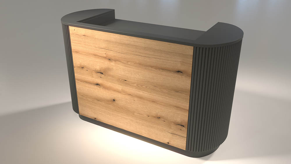 banco cassa stondato con buca cassa finitura legno e laccato RAL