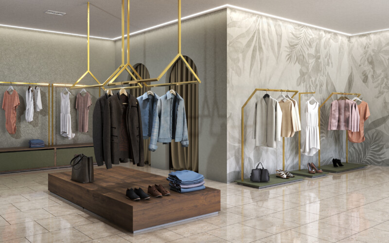arredo minimale da soffitto da pavimento arredo negozi boutique shop abbigliamento scarpe accessorio oro multicolor 01