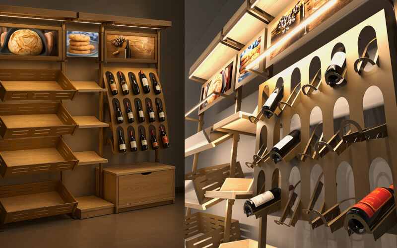 arredo vineria vino panetteria con led integrato alto livello modulare prodotto in italia