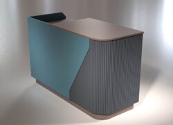 banco cassa per negozi con angolo stondato arrotondato con buca cassa dimensione legno marmo tinta unita 01