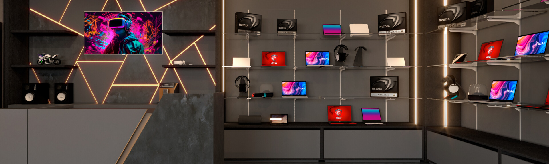 Arredamento negozio informatica scuro