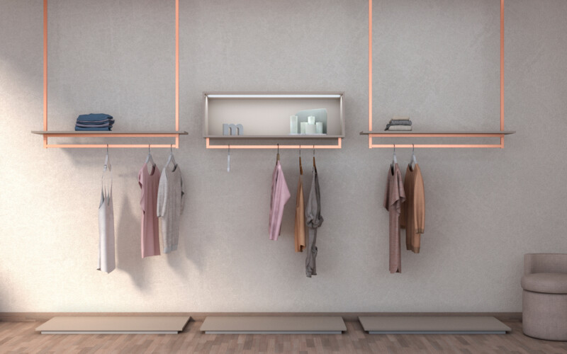 arredo minimale oro rosa ottone satinato abbigliamento arredamento per negozi