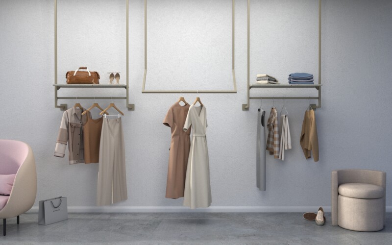 arredo negozi sospseso soffitto minimale colore tortora cemento boutique abbigliamento 01