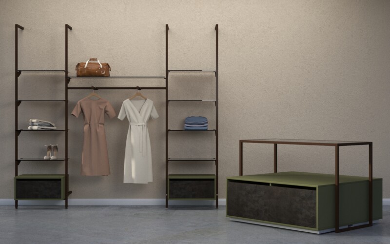 arredo negozi sospseso soffitto minimale colore tortora cemento boutique abbigliamento 02