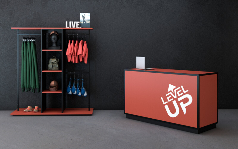 arredo per negozi abbigliamento sportivo sport moda giovane casual colori forti rosso nero 01