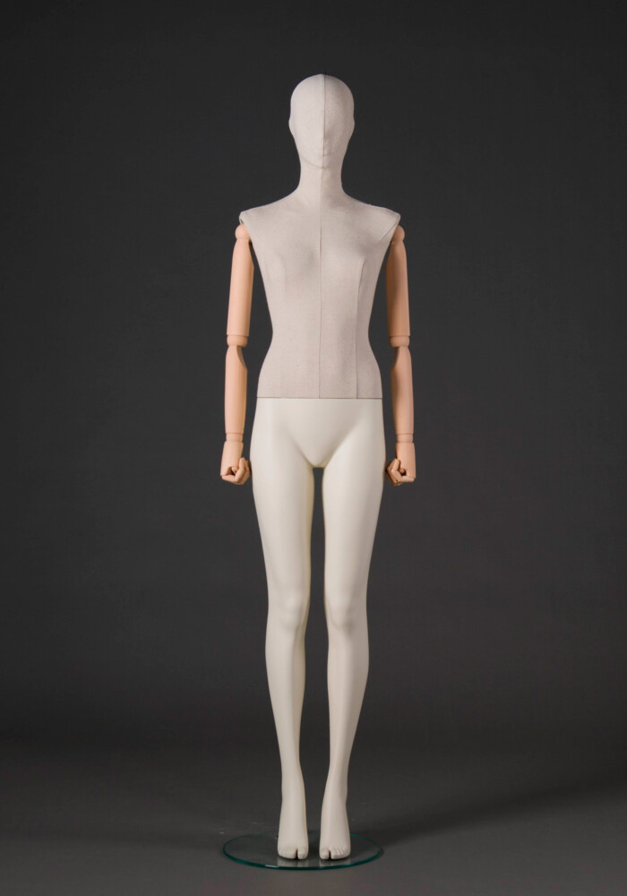 manichino donna stilizzato Circle plastica busto rivestito ecru braccia legno FW01
