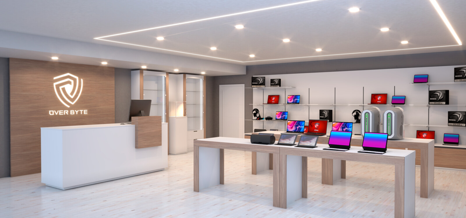 Arredamento negozio informatica chiaro