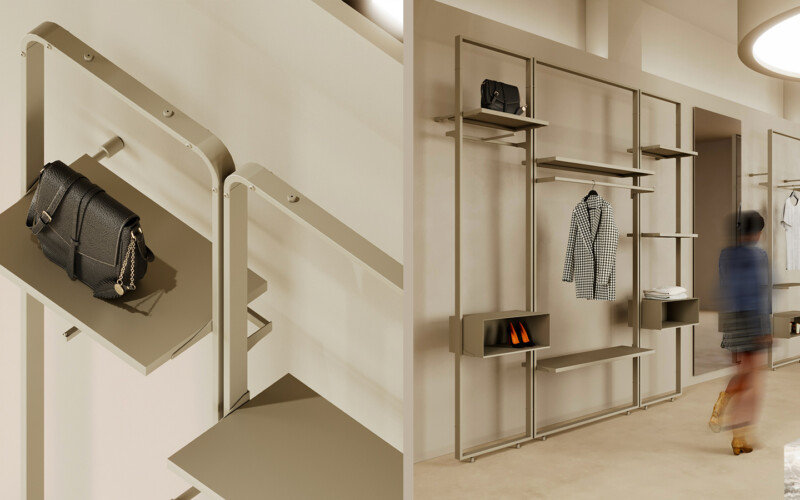 arredamento linea frame moderno dettaglio appenderia ripiani metallo