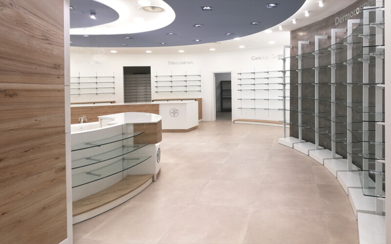 arredo farmacia scaffali vetro modulari design reverse