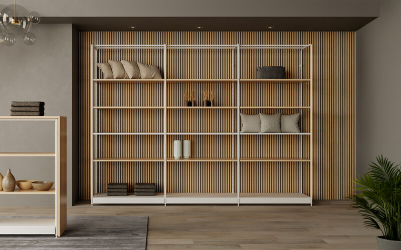arredo linea hub tubo tondo bianco ripiani legno