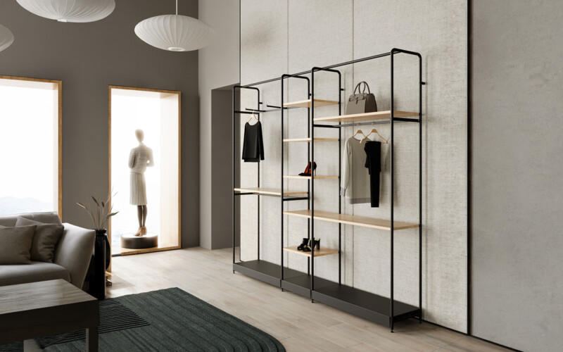 arredo negozio linea hub tubo tondo nero ripiani legno