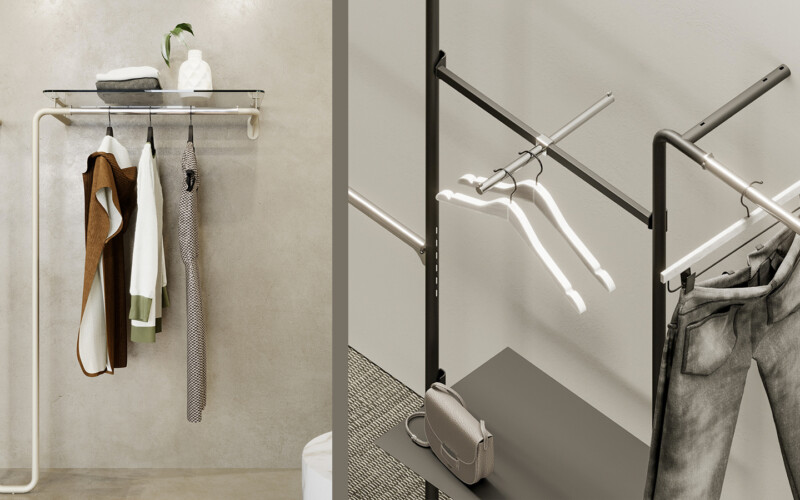 arredo negozio linea run dettaglio appenderia nero bianco metallo