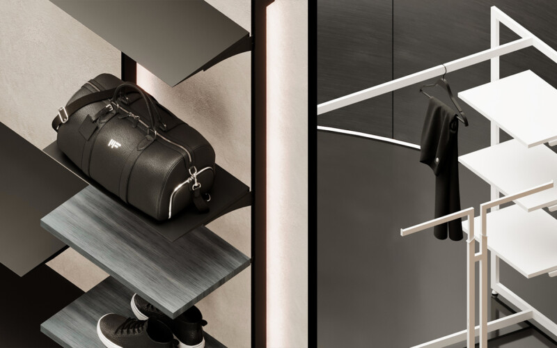 dettaglio arredamento flight bianco nero stender scaffalatura