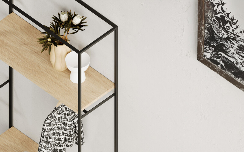 dettaglio arredo cage metallo nero ripiano legno chiaro