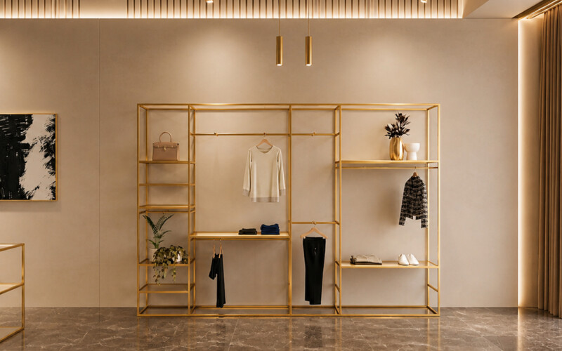 arredamento oro cage mensole appenderia boutique elegante
