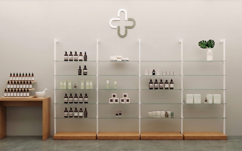 arredo farmacia estetica bianco ripiani vetro